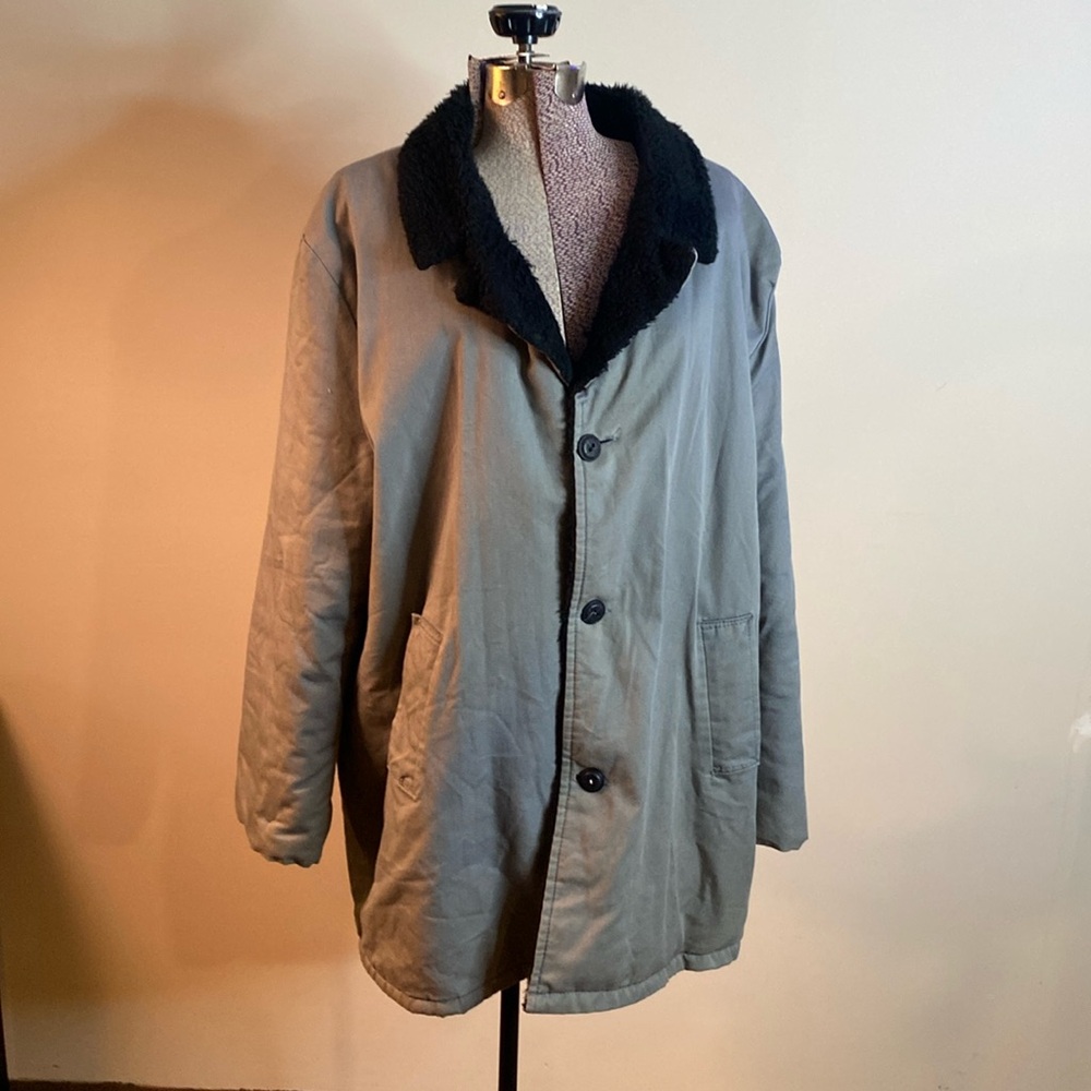 Men’s long grey cotton faux fur lined coat L